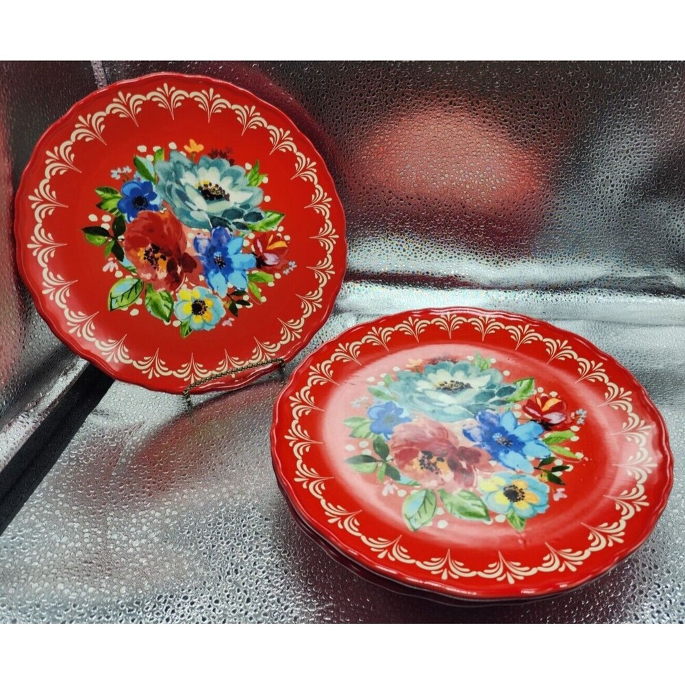 The Pioneer Woman Melody Red Floral Dessert/Salad/Small Plate (Set of 5) 8.5"